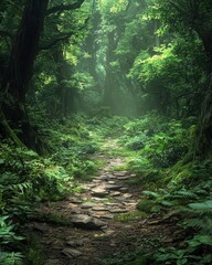 Obraz premium Exploring the enigmatic rainforest pathway nature trail hyperrealistic forest environment lush greenery viewpoint