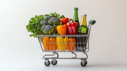 Fresh Vegetables and Oils Loaded in Shopping Cart on White Background.