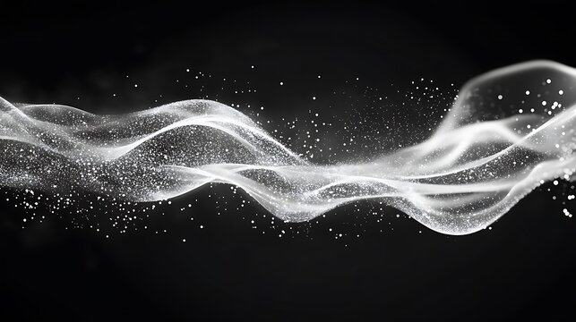 Generative flowing black and white liquid patterns with scattered white particles in a clean design