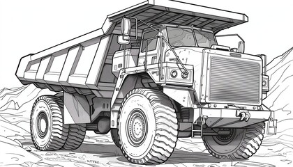 A detailed line art drawing of a large dump truck perfect for coloring activities or technical illustrations. Ideal for vehicle enthusiasts or children's educational materials.