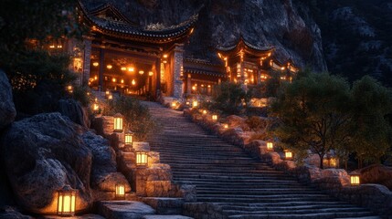 Obraz premium Illuminated Temple Steps Carved Into Mountainside At Night
