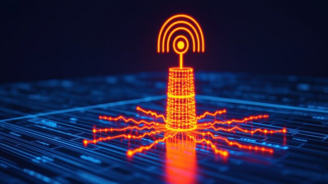 Glowing Radio Antenna Icon on Digital Background