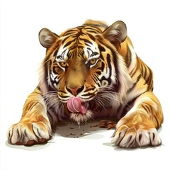 Obraz premium Bengal tiger licking its lips while eating on a white background, enjoying its meal