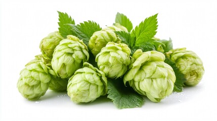 Fototapeta premium A cluster of fresh green hops cones, isolated on a clean white background with dewdrops shimmering on the surface