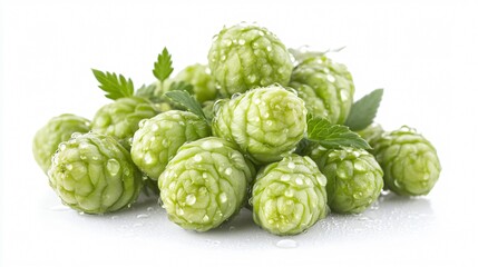 Fototapeta premium A cluster of fresh green hops cones, isolated on a clean white background with dewdrops shimmering on the surface