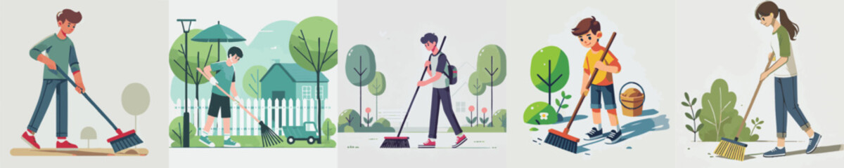 Vector set of a teenager sweeping the page in a simple flat design style