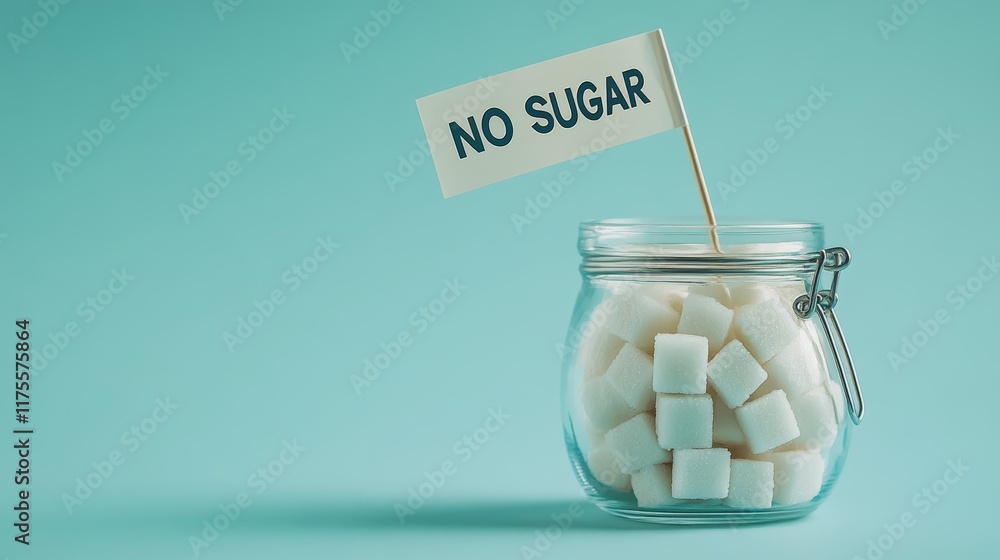 Poster glass jar filled with sugar cubes has small flag with no sugar message, symbolizing sugar reduction,