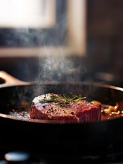 Fresh beef steak on a dark textured background with copy space
