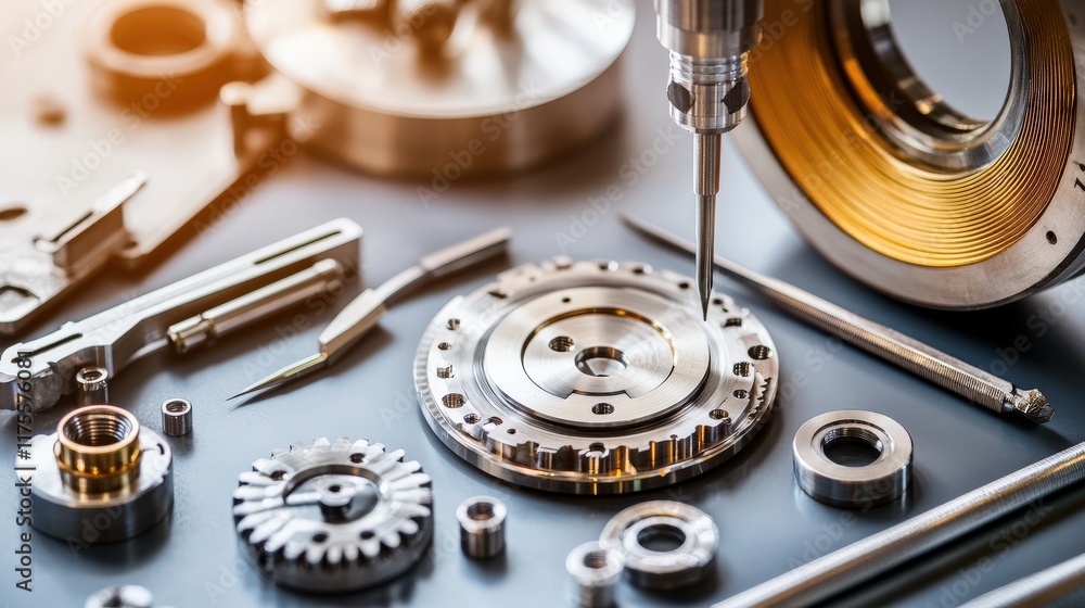 Poster close-up view of precision mechanical parts and tools on a workbench, showcasing engineering craftsm