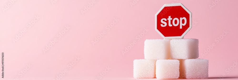 Poster Conceptual image representing sugar reduction with a stop sign placed on a stack of sugar cubes, promoting a low sugar lifestyle and highlighting the dangers of excessive sugar intake
