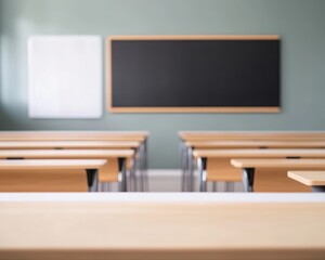 A modern classroom setting featuring wooden desks aligned towards a chalkboard, emphasizing a focused learning environment.