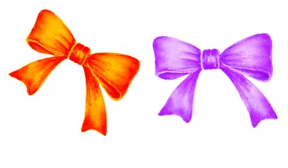 Set isolated hand drawn watercolor bows orange, violet, lilac. Stylish decorative element, prints on a white background