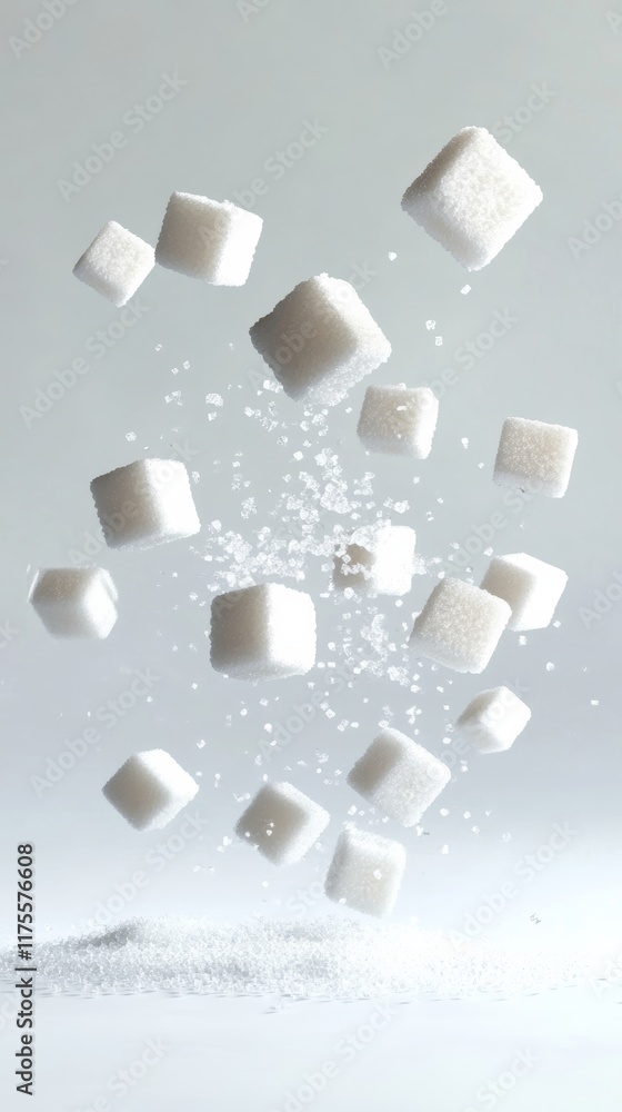 Aufkleber Several white sugar cubes are falling and bouncing on a light gray surface, creating a dynamic visual representation of sugar consumption and its related concepts
