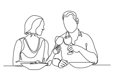 Continuous line drawing of a romantic couple in a restaurant having lunch. one line couple dining in the restaurant vector illustration. Lifestyle, love, relationships, food concept.