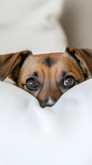a cute dog peeking out from behind white bed sheets