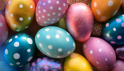 Obraz premium easter, egg, background, with, dots, polka, texture, eggs, decoration, holiday, spring, celebration, colorful, color, painted, symbol, season, traditional, paint, tradition, pattern, ad