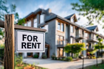 For rent sign in front of a modern apartment building. Real estate concept.
