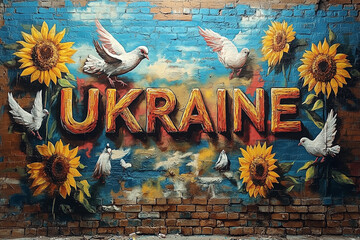 Colorful mural featuring Ukraine lettering with sunflowers and doves on a brick wall