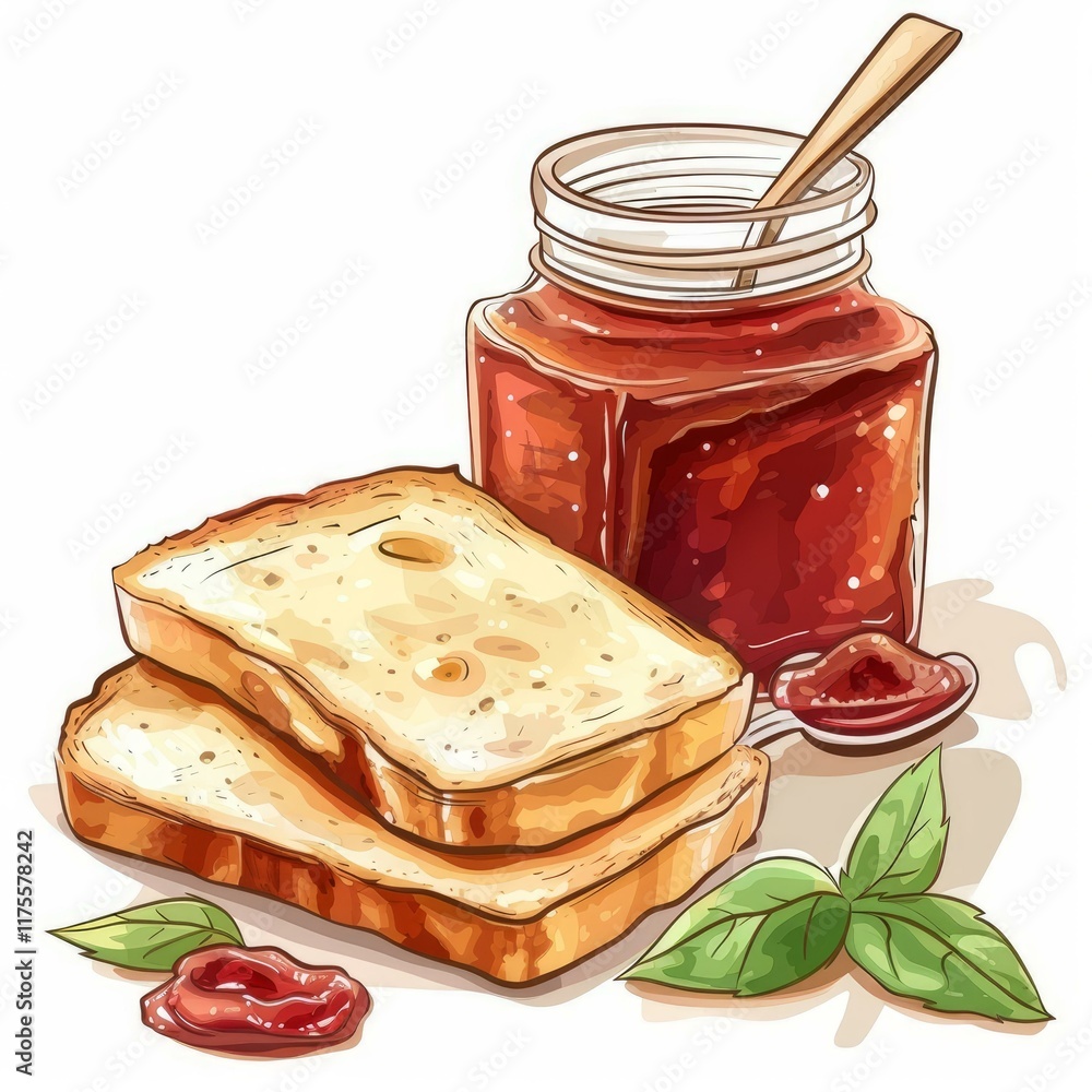 Poster two slices of toasted bread with basil and a jar of strawberry jam with a spoon