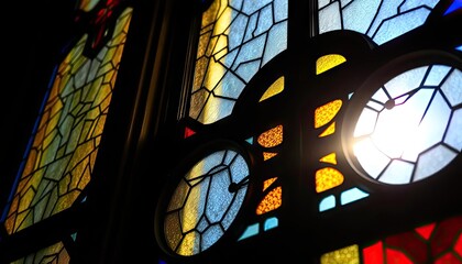 Stained glass window, light shines through, church interior, religious art