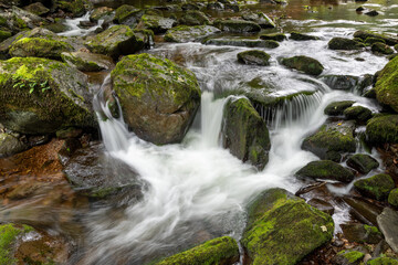 Long exposure of a waterfall on the East Lyn river at Watersmeet in Exmoor National Park