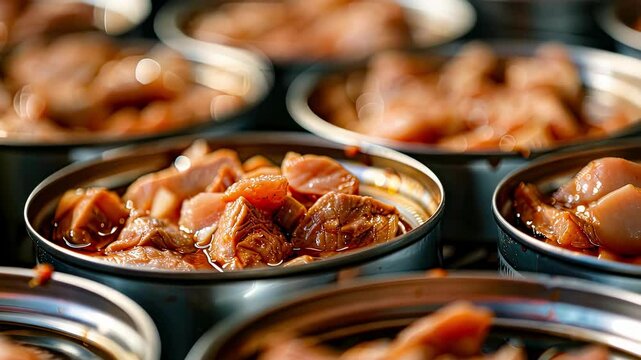 close-up of canned meat. Selective focus