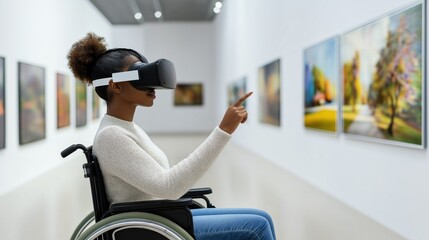 Woman in wheelchair using vr headset exploring modern art in museum