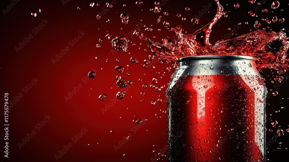 Aufkleber a cola can with dynamic bubbles and liquid bursts on a black-to-red gradient background.