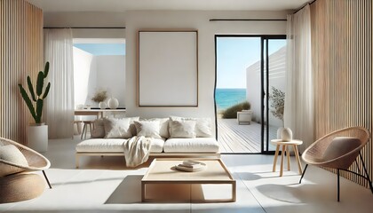 Fototapeta premium minimalist and modern interior design with a breathtaking ocean view. The open-plan living space seamlessly connects the indoors with the outdoors, featuring floor-to-ceiling windows that frame the se
