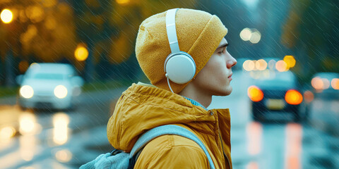 Teenager wearing headphones crossing the road, oncoming car lights in background, road hazards, pedestrian rules