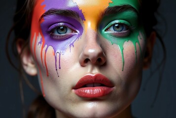A dramatic close-up of a face with splashes of bright, colorful paints on the skin, creating a surreal, artistic effect