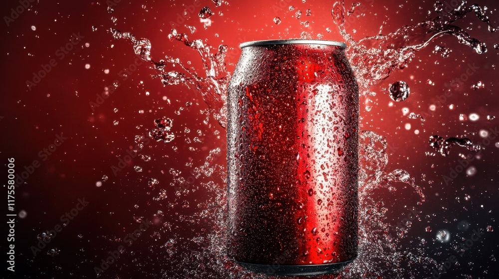 Aufkleber a cola can with dynamic bubbles and liquid bursts on a black-to-red gradient background.