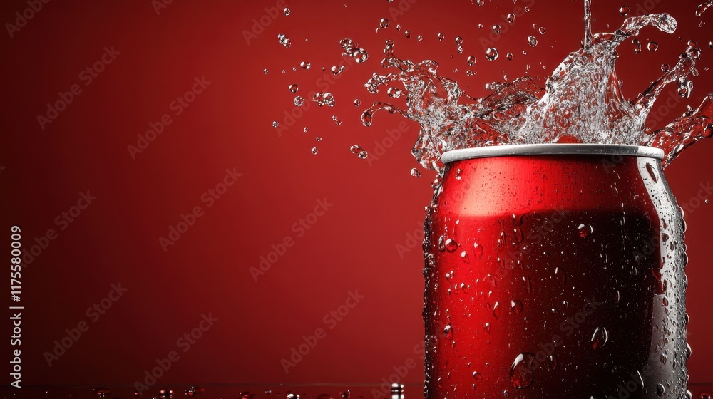 Aufkleber a cola can with dynamic bubbles and liquid bursts on a black-to-red gradient background.