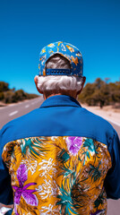 rear view of an old man standing on the road with colorful clothes and a colorful cap