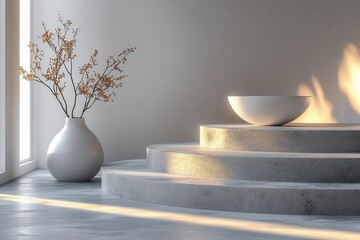 minimalistic white podium stand on a smooth grey surface strategically lit for product display emphasizing simplicity and modern advertising techniques