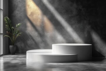 minimalistic white podium stand on a smooth grey surface strategically lit for product display emphasizing simplicity and modern advertising techniques