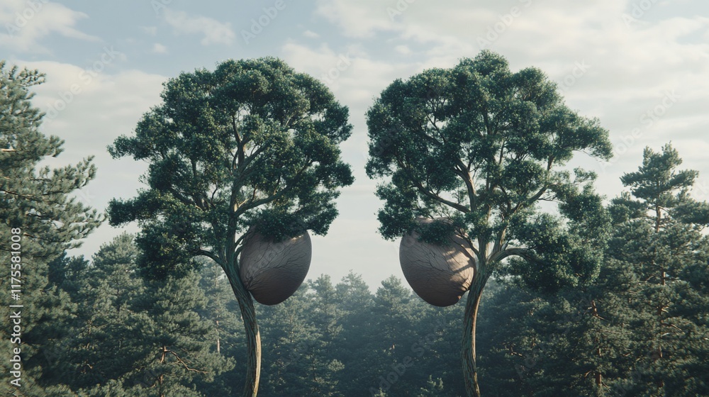 Aufkleber two trees with large spherical shapes nestled among them in a serene forest setting.