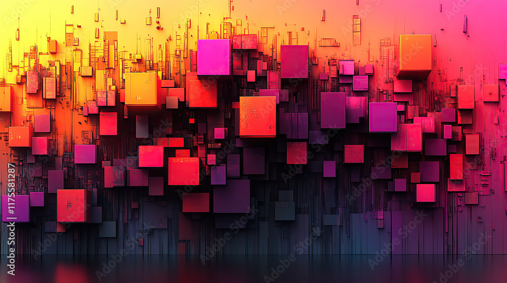 Poster numerous cubes in varying shades of red and purple create a visually striking abstract composition