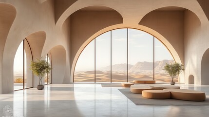 Desert landscape view from modern arched room.