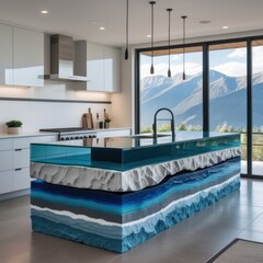 "A modern kitchen featuring a unique and artistic kitchen island designed to resemble a cross-section of layered rock or an underwater geological formation...