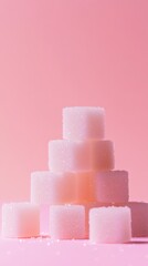 Pyramid of white sugar cubes sits on a vibrant pink background, raising awareness about excessive sugar intake and its impact on health, promoting a sugar free or low sugar lifestyle