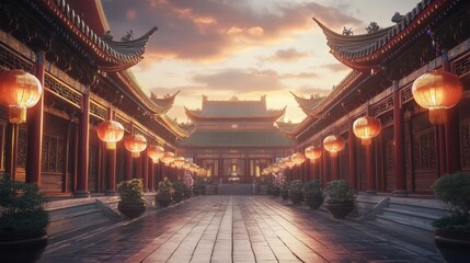 Illuminated Pathway Through Ancient Chinese Temple Complex