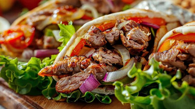 close-up of delicious juicy shawarma. Selective focus