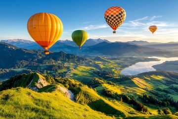 Naklejka premium Colorful hot air balloons floating over scenic mountain landscapes.