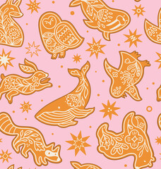 Ginger cookies, Sweet animals isolated on pink