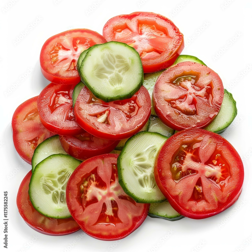 Poster freshly sliced tomatoes and cucumbers are combined, forming an appealing and nutritious base for a h