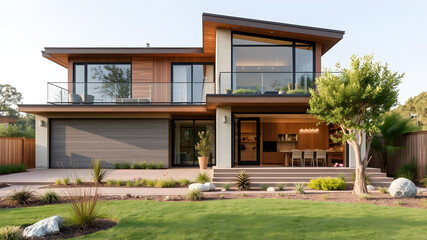 Modern Architectural Masterpiece:  A stunning contemporary home showcases clean lines, expansive windows, and a blend of wood and concrete.