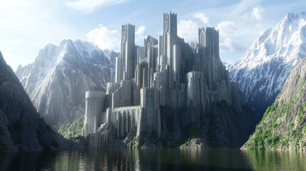 A towering castle built by giants, with massive doors and windows, surrounded by towering mountains.. --ar 16:9 --v 6.1 Job ID: b87a51ba-be51-4215-8b28-ae8ce37c53b2