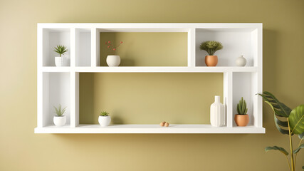 Modern Wall Shelf with Plants: A clean and contemporary wall shelf with a minimalist design features a collection of potted plants, showcasing a modern and stylish approach to interior design.  