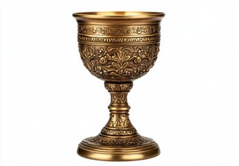 Ornate golden goblet standing on white background.